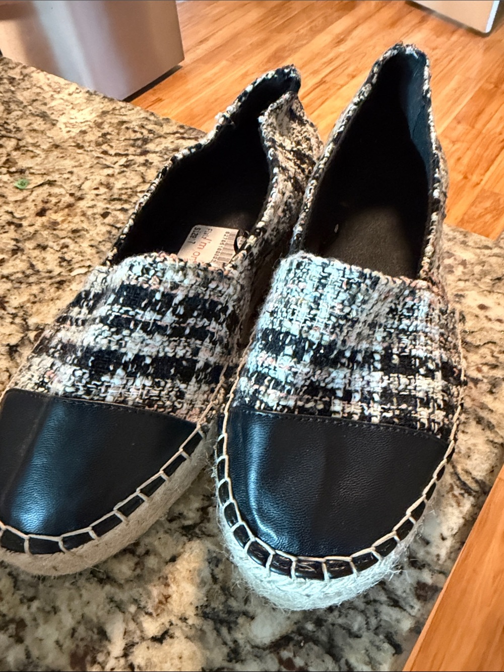 Platform Tweed Espadrille Slip-On Flats - Black & White Size 7